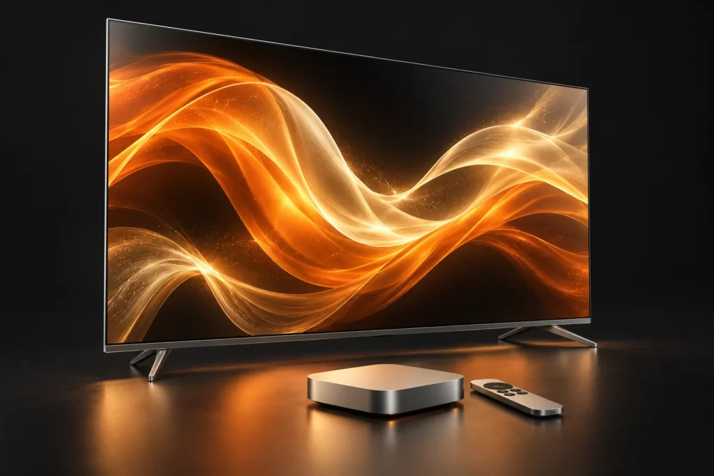 Original silver television and streaming box with flowing orange and gold light